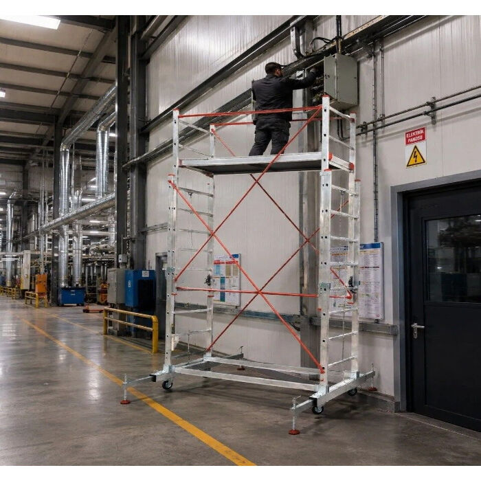Alüminyum İskele Platform 4 Metre Çift Kademeli (6+6) 12 Basamak-Tekerlekli
