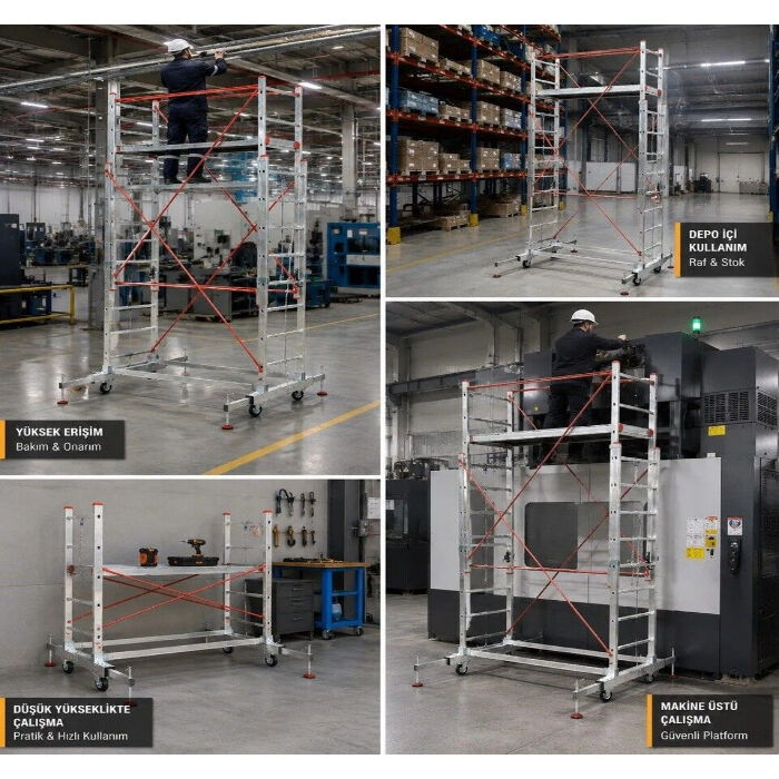 Alüminyum İskele Platform 4 Metre Çift Kademeli (6+6) 12 Basamak-Tekerlekli