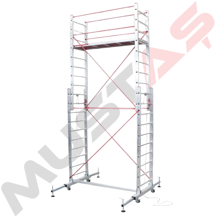 Alüminyum İskele Platform 4 Metre Çift Kademeli (6+6) 12 Basamak-Tekerlekli