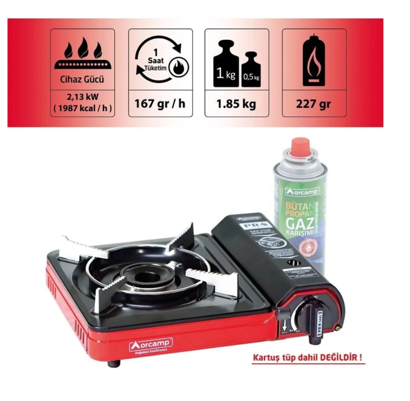 Orcamp Tekli Portatif Kamp Ocak Gaz Stop Emniyetli Kırmızı CK505
