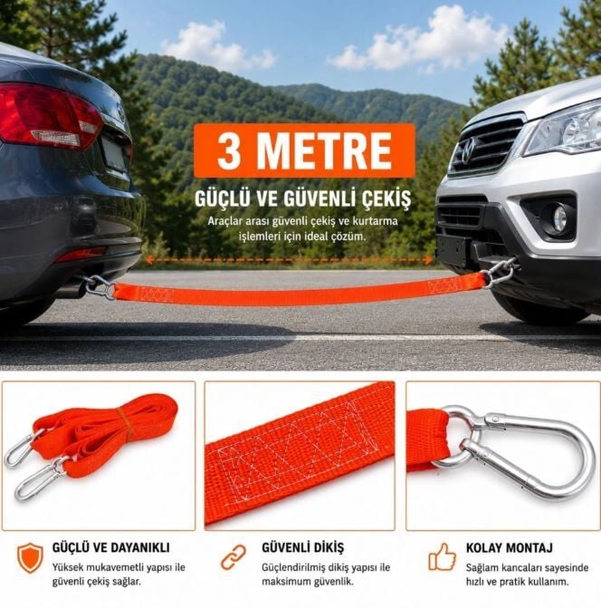Oto Çeki Halatı Karabinalı 3 mt